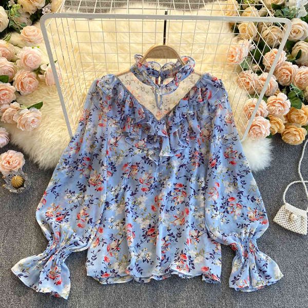 

blouses women mesh patchwork blouse spring autumn o neck sleeve loose ruffle vintage french floral print blouses, White