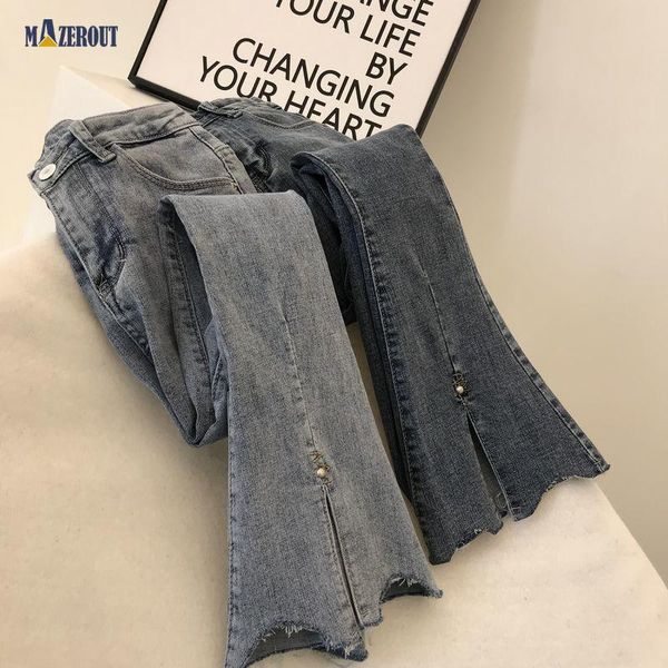 

women's jeans mazerout irregular mid waist denim female flare for women plus size xs-5xl bell bottom fat mom wide leg skinny jean, Blue