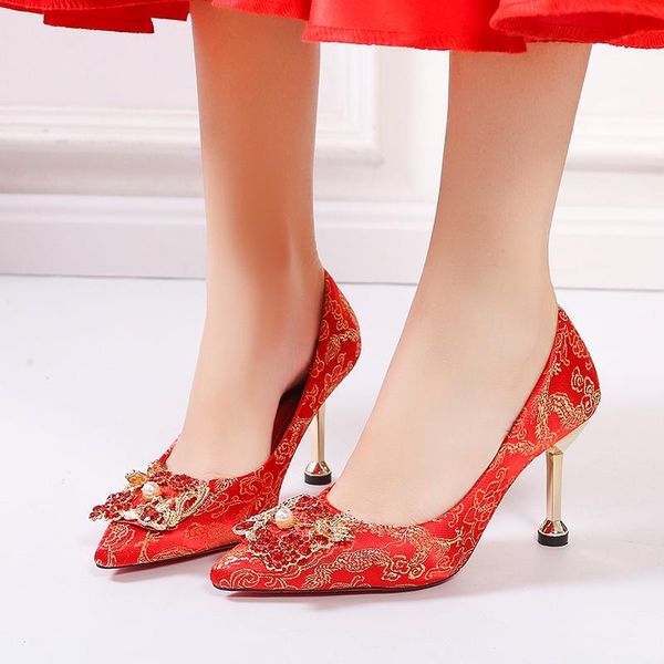 

dress shoes wedding bride metal stiletto heels women red high crystal pearl pointed toe pumps zapatos mujer 2021, Black