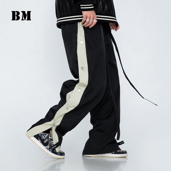 

men's pants 2021 spring sports basketball buttoned techwear hip hop rap loose patchwork straight trousers korean casual sweatpants, Black
