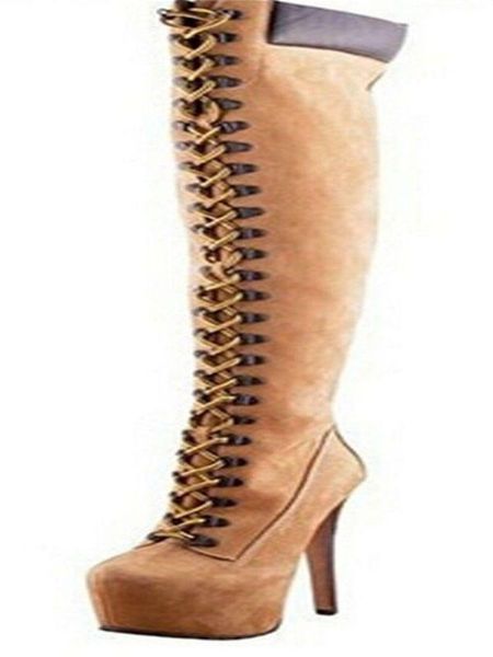 

boots est design round toe high platform lace up thigh zipper genunie leather over the knee woman winter, Black