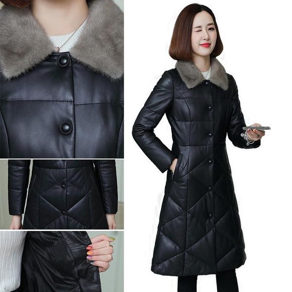 

women's down & parkas jacket women 2021 mid-length autumn and winter leather plus velvet thick waterproof fur collar long-sleeved large, Black