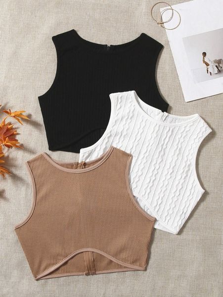 

3pcs zip back asymmetrical hem tank g8px#, White