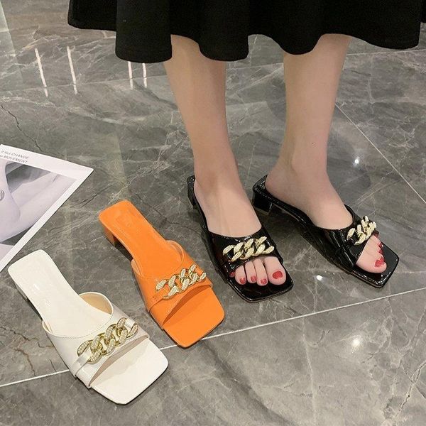 

slippers rivet shoes woman's med luxury slides 2021 designer metal decoration pu fashion hoof heels r, Black