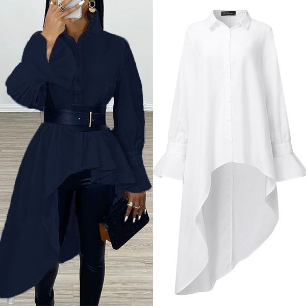 

women's blouses & shirts asymmetrical blouse zanzea elegant flouce sleeve casual button down blusa female lapel tunic oversized 7 34v7, White