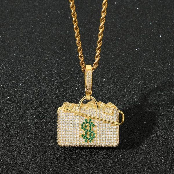

pendant necklaces fashion iced out bling hiphop dollar sign bag charm micro paved cz stone cash coins brass necklace, Silver
