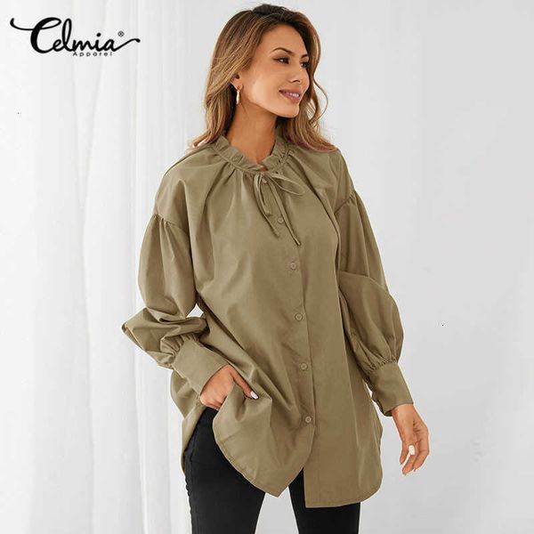 

women's blouses & shirts blouses elegant celmia lace-up women lantern sleeve ruffles casual solid blusas fashion pleated plus size ruf6, White