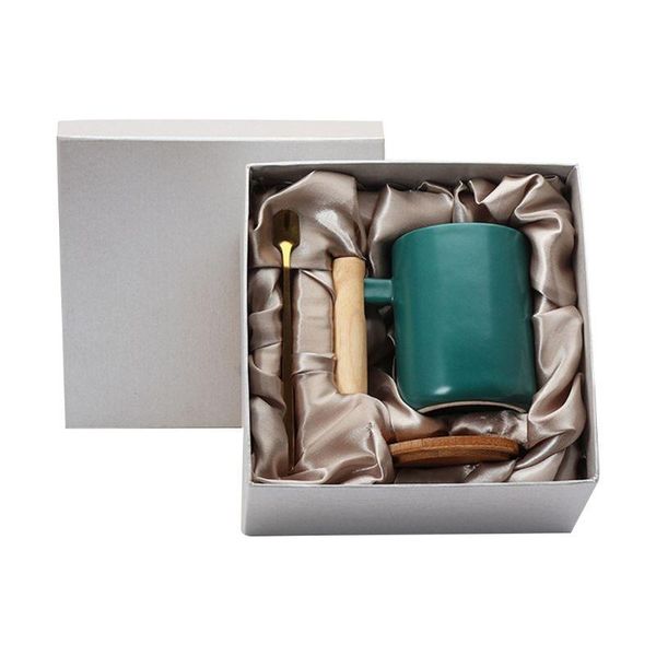

mugs h056 coffee mug with lid and spoon wooden handle ceramic milk tea cup set for home office(13 oz, gray)