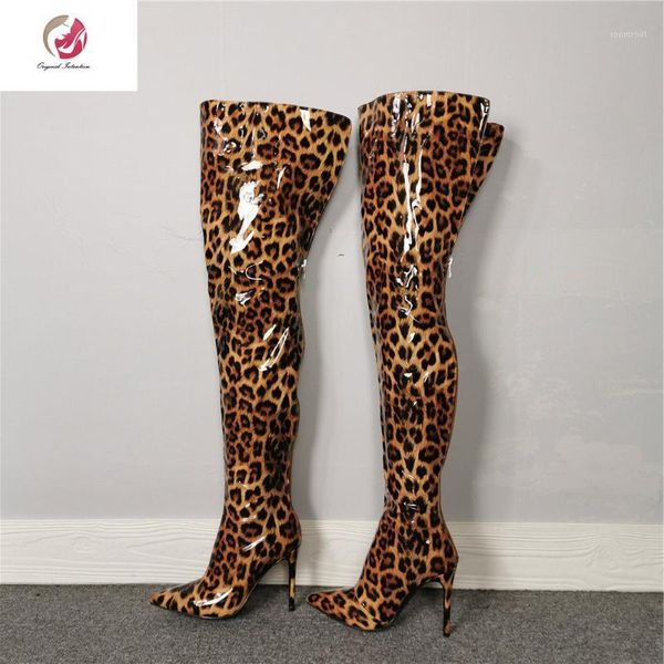 

boots original intention design patent leather leopard over knee high woman pointed toe thin heels long female1, Black