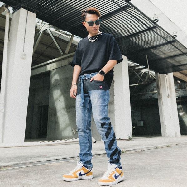 

jeans fashion print color stitching belt pants casual slim men's, Blue