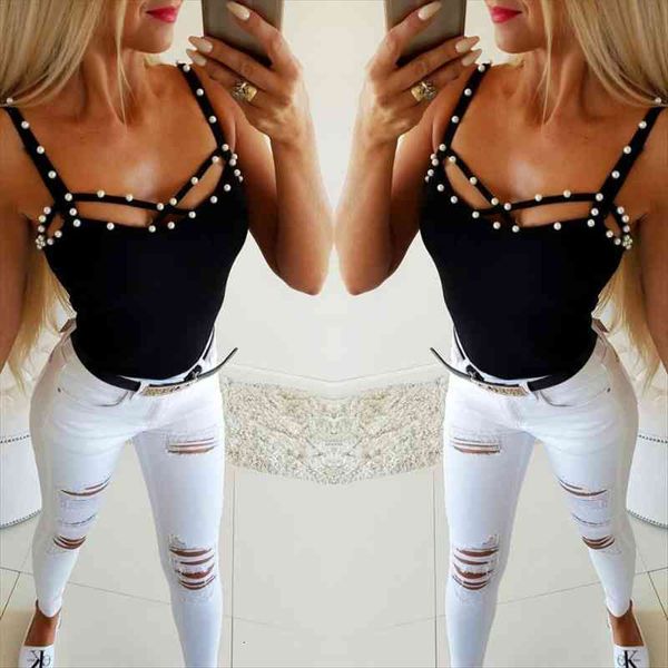 

casual summer slim fit women cami skinny v neck beading sleeveless top, White