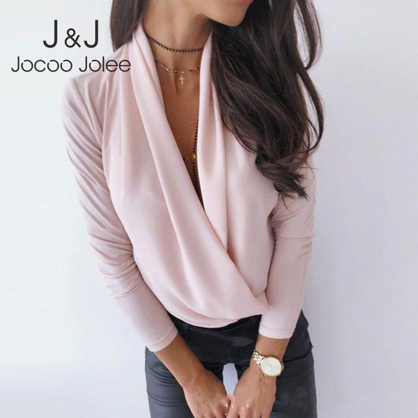 Joloo jolee manga comprida cor retalhos soltos camisas sexy profundamente profundo pescoço chiffon blusa elegante escritório senhoras tops túnica 210518