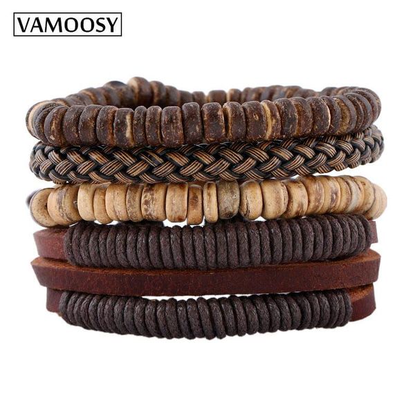 

charm bracelets vamoosy bohemia jewelry alloy wood beads bracelet rope woven real leather men casual vintage punk, Golden;silver