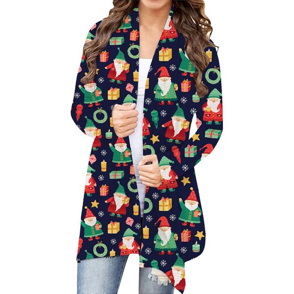

2021 autumn and winter new christmas digital printing long-sleeved mid-length cardigan women, Black;brown