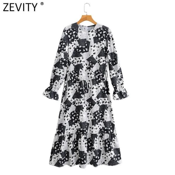 

zevity women elegant o neck contrast color patchwork print hem ruffles midi dress office ladies chic flare sleeve vestido ds4680 casual dres, Black;gray
