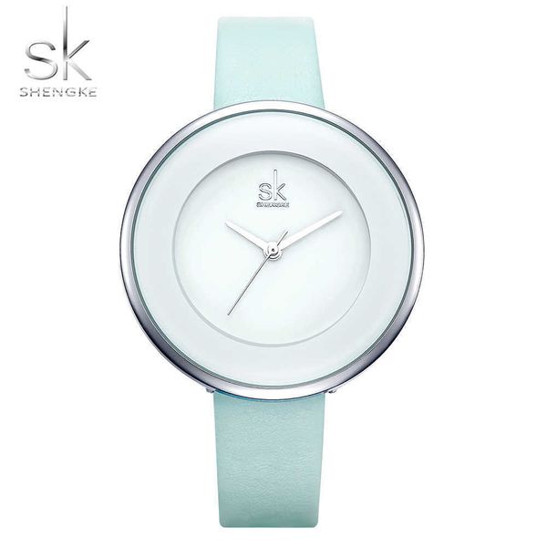 SHENGKE Skyblue Cinturino in pelle con fibbia Orologi da donna 38 MM Big Top Brand Orologio da donna di lusso con quadrante semplice al quarzo Reloj Mujer 210616