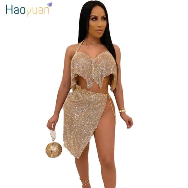 

two piece dress haoyuan shiny sequin set women festival clothing night club birthday outfits crop chain skirt matching suits, White