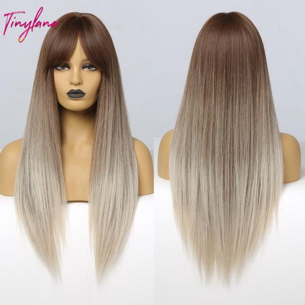 

synthetic wigs tiny lana ombre brown blonde long straight with bangs for women afro cosplay party hair heat resistant fiber, Black