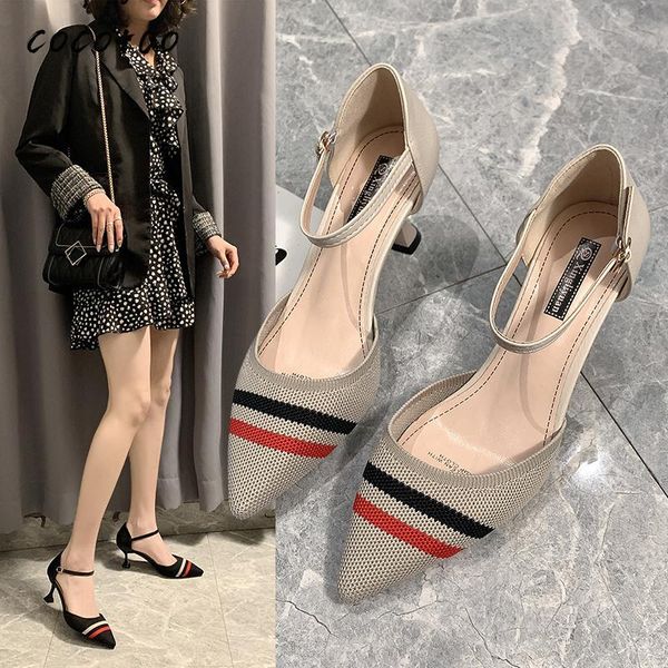 

dress shoes knitted with skirt temperament single 2021 summer style buckle pointed toe fairy gentle mid-high stiletto heel, Black