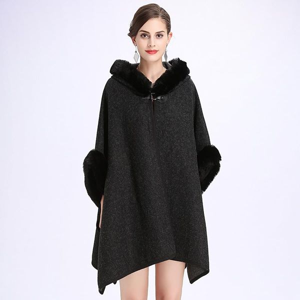 

women's fur & faux autumn winter loose hooded knitted cardigan shawl cloak coat women, Black