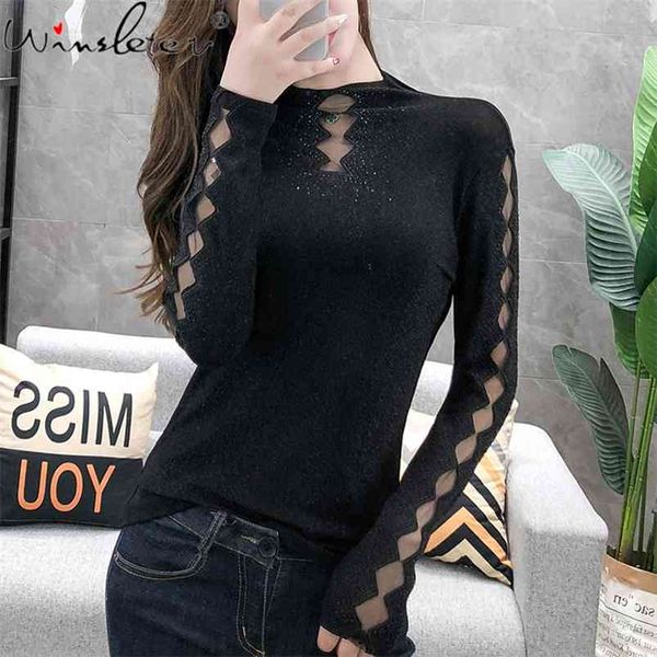 

pure mesh rhinestone t shirts women casual fashion elegant slim fit tees spring/autumn long sleeve turtleneck tshirt t07706b 210421, White