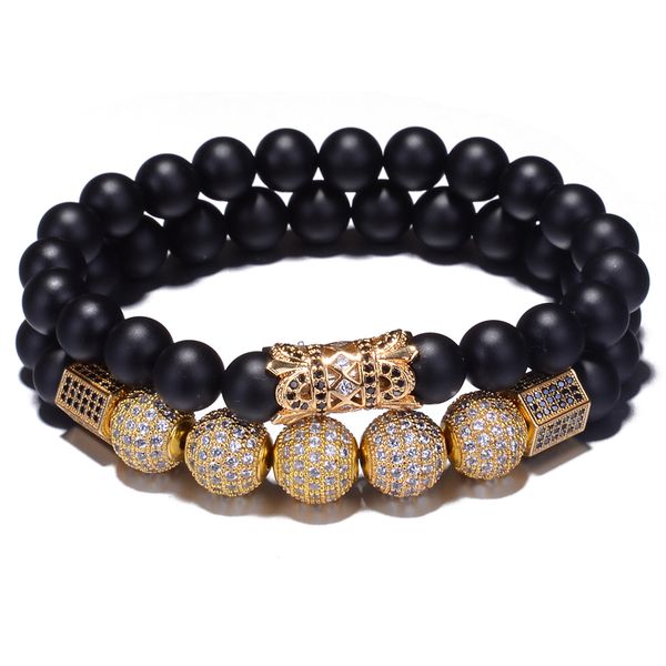 

2pcs/set men woman bead bracelet natural beads buddha bracelet inlay zircon double layer bead pulseras hombre christmasbracelets, Golden;silver