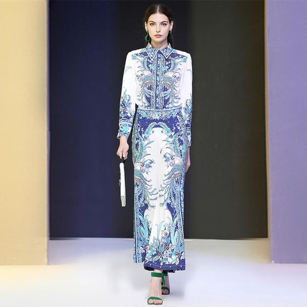 

two piece dress 2021 spring women's pants 2piece set designers runway long sleeve vintage porcelain print blouse and sets, White