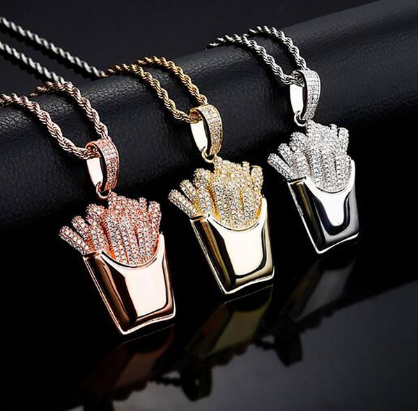 

14k iced chips french fries pendant necklace with 24inch rope chain cubic zirconia gold silver rosegold hiphop jewelry