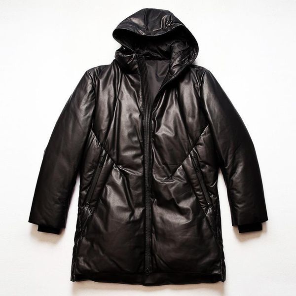 

japan fashion medium long coat men hooded genuine leather down jacket black sheepskin winter casual for male men's & faux