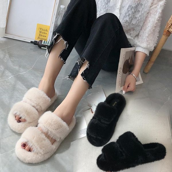 

slippers hairy female wear 2021 flat lazy thick fur shoes woman, Black