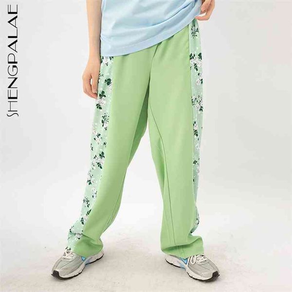 

fashion green floral trousers women's summer high waist straight loose spilced black casual pants female 210427