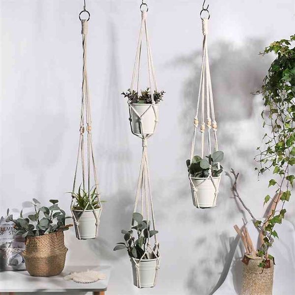 3 Pack Macrame Plant Hanger Vasi da giardino Fioriere Indoor Outdoor Hanging Planter Holder Wall Planter Home Decor Rope Basket 210922