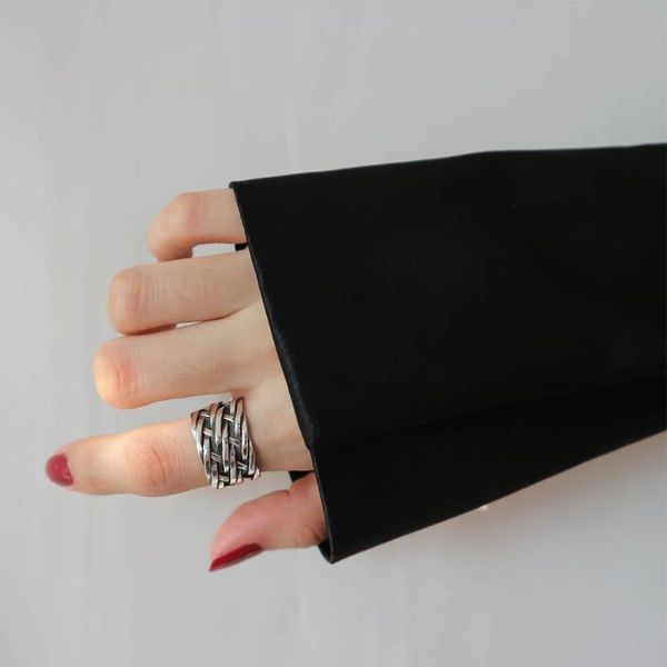 

cluster rings retro authentic s925 sterling silver fine jewelry multi-layers line crossed weave braid long band ring adjust tlj564, Golden;silver