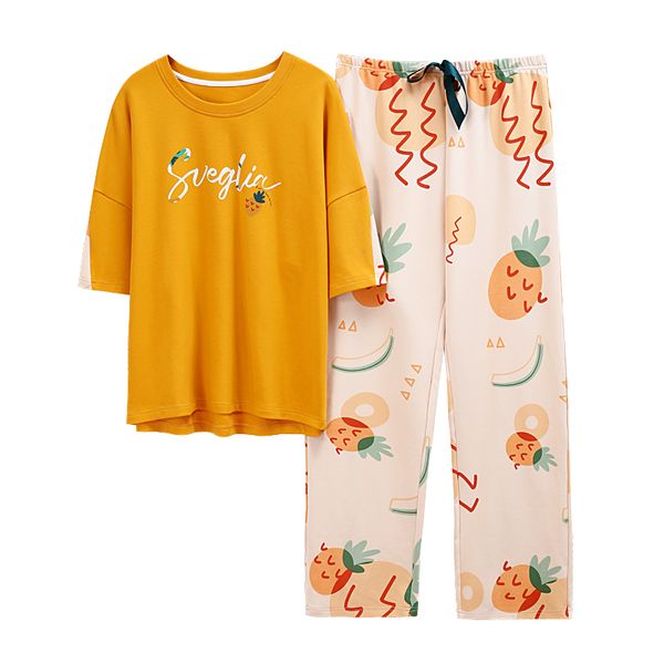 

women summer pajamas cotton short-sleeved trousers two-piece suit thin home service outer wear bathing pajamas, Black;red