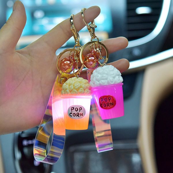 

2021 fashion keychain cartoon resin food luminous cute with light popcorn chips key chain bag pendant small gift, Slivery;golden