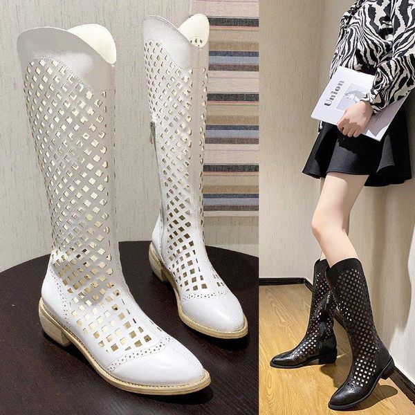 

white net hollow knee high boots women's sandalias summer middle heel sandals cool pointed zip leather, Black