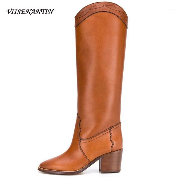 

boots autumn winter retro style yellow-brown handmade mid calf fashion slip-on pointed toe women ladies1, Black