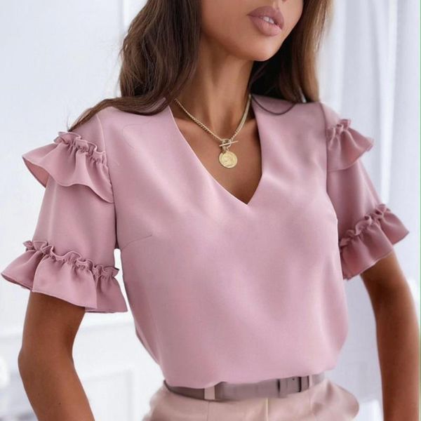 

women's t-shirt s ruffle loose chic women solid color for office, White