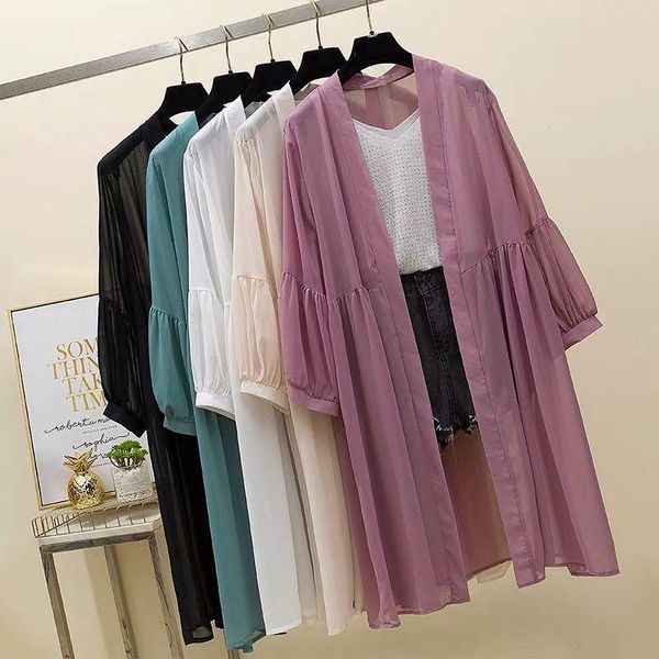 

women's swimwear women summer kimono cardigan long sleeve sun protection blouse shirt chiffon sunscreen shirts outwear oversize coat, White;black