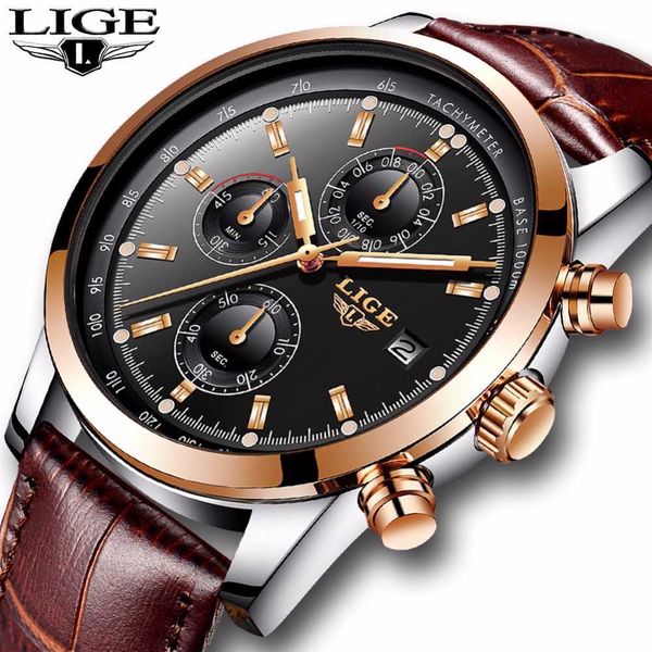 

lige mens watches brand luxury leather quartz watch men military sport waterproof clock gold watch relogio masculino 210527, Slivery;brown