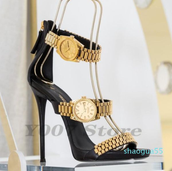 

2021 new metal leather women sandals with golden watch peep-toe thin shoes neon green gladiator roman high heels women pumps, Black
