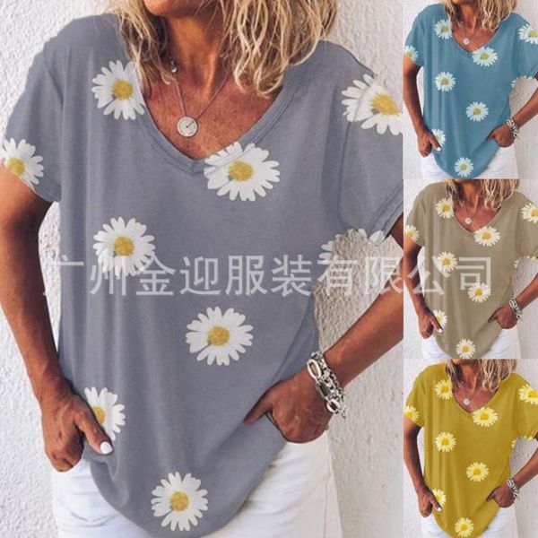 

women's t-shirt summer loose v-neck digital printing short sleeve wear 729p, White