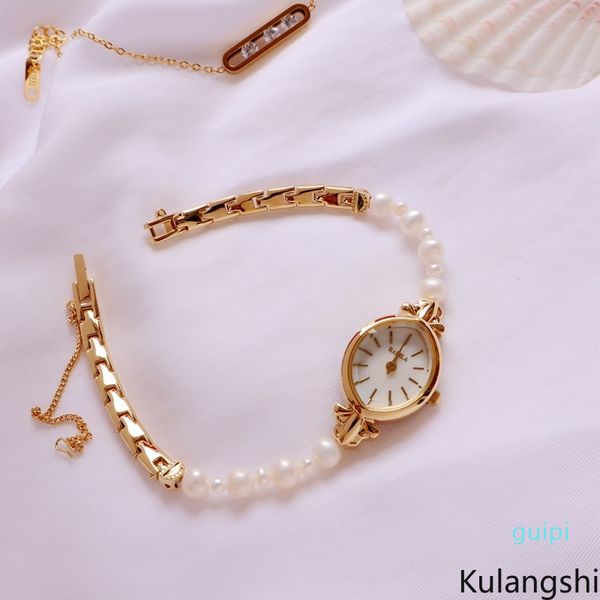 

natural freshwater pearl watches girl hand chain strap light luxury quartz movement women's wristwatch lady's wrist watch 6305l, Slivery;brown