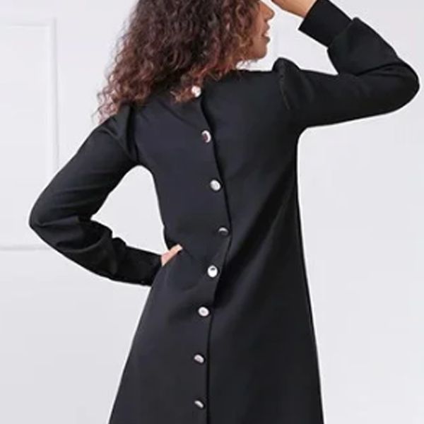 

women elegant casual loose mini dress solid color back buttons autumn spring fashion dress long sleeve o-neck office lady dress 210412, Black;gray