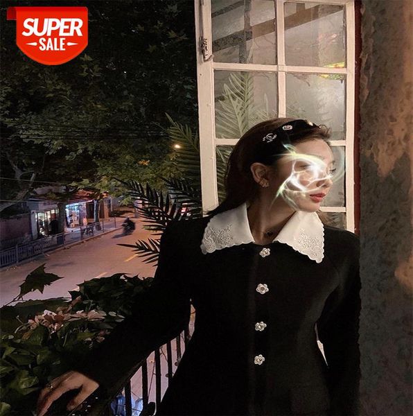 

mid-length temperament, waist and thin, floral collar woolen quilted jacket #j12k, Black