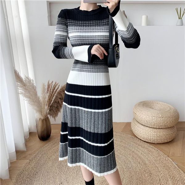 

casual dresses autumn winter classic striped knitting women's a-line 2021 high waist long sleeve midi sweater dress female, Black;gray