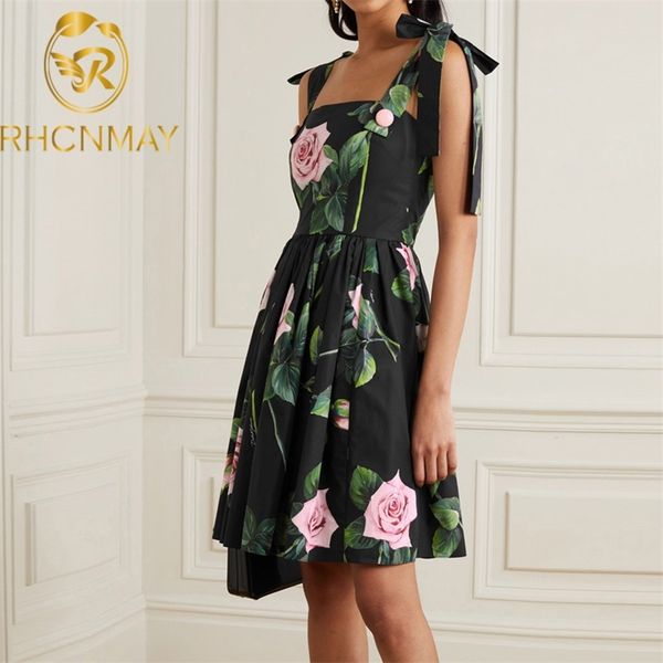 

runway summer fashion designerÂ short dress women spaghetti strap floral print mini elegant party a line female es 210506, Black;gray
