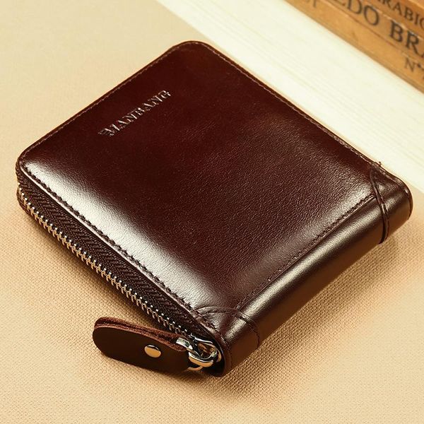 

man bang men's short wallet head leather zipper vintage horizontal multi-function wallets, Red;black