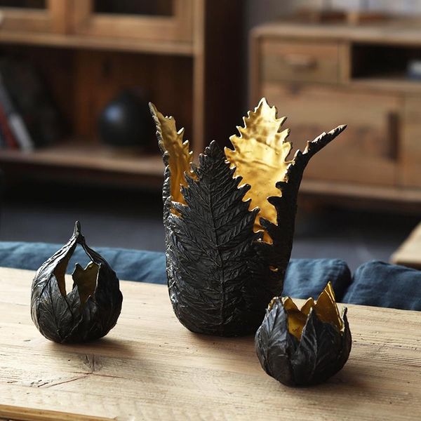 

decorative objects & figurines modern creative blooming leaves figurine statue black and gold metal sculpture home room office deskvase