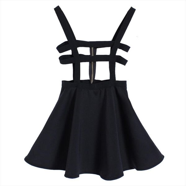 

retro suspender mini girl ruffles womens skirts skater pleated short braces back zipper hollow out faldas jupe straps, Black